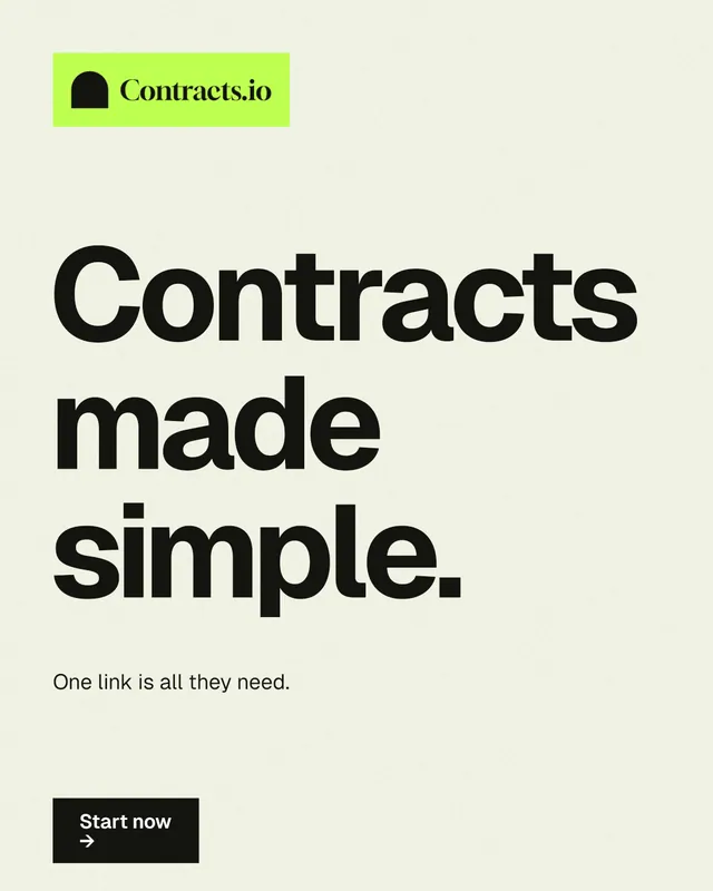 Instagram portrait post for contracts.io: "Contracts made simple." Swiss style, announce layout, light palette in white, yellow, grey.