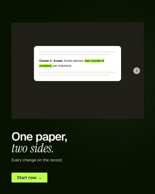 Video for contracts.io: "One paper, two sides.". Doc motion loop, 8.0 s, dark palette.