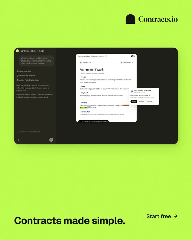 Instagram portrait post for contracts.io: "Contracts made simple." Swiss style, image led layout, light palette in green.