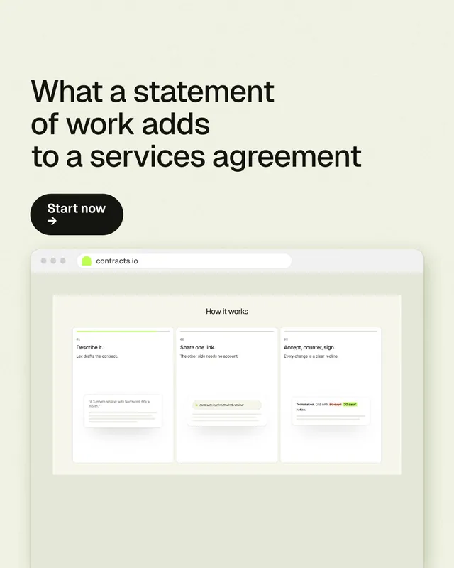 Instagram portrait post for contracts.io: "What a statement of work adds to a services agreement". Data card style, browser layout, light palette in white, green, grey.