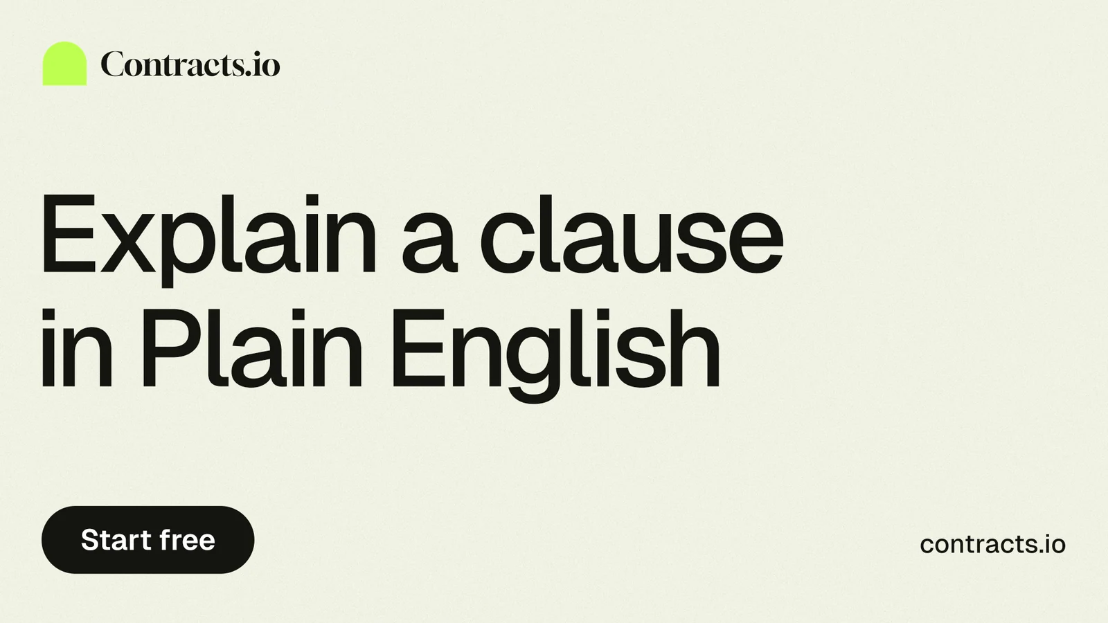 Landscape graphic for contracts.io: "Explain a clause in Plain English". Data card style, poster layout, light palette in white, grey.