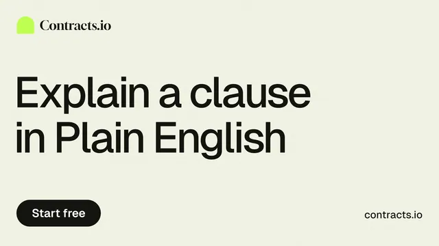 Landscape graphic for contracts.io: "Explain a clause in Plain English". Data card style, poster layout, light palette in white, grey.