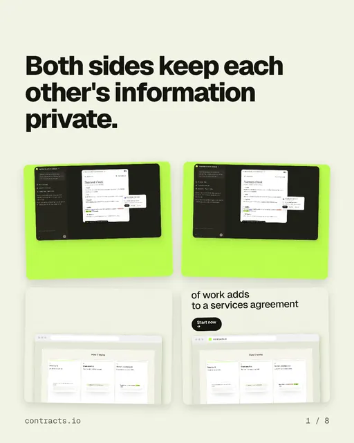 Carousel for contracts.io: "Both sides keep each other's information private.". Collection carousel, 8 slides, light palette.