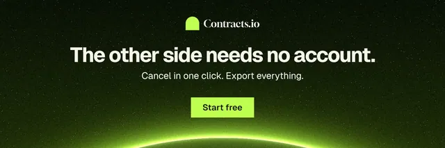 X header for contracts.io: "The other side needs no account." Swiss style, centred layout, dark palette in black, green.