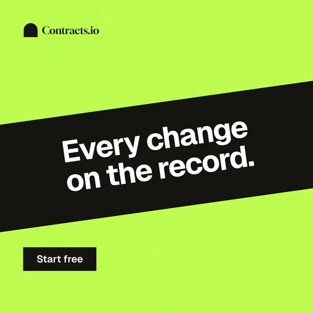 Instagram post for contracts.io: "Every change on the record." Swiss style, diagonal layout, light palette in green, black.