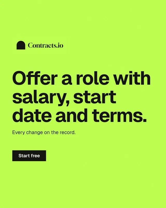 Instagram portrait post for contracts.io: "Offer a role with salary, start date and terms." Swiss style, announce layout, light palette in green.