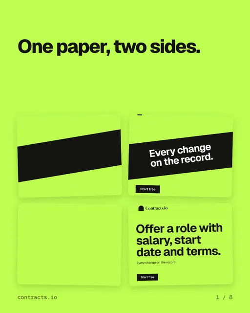 Carousel for contracts.io: "One paper, two sides.". Collection carousel, 8 slides, light palette.