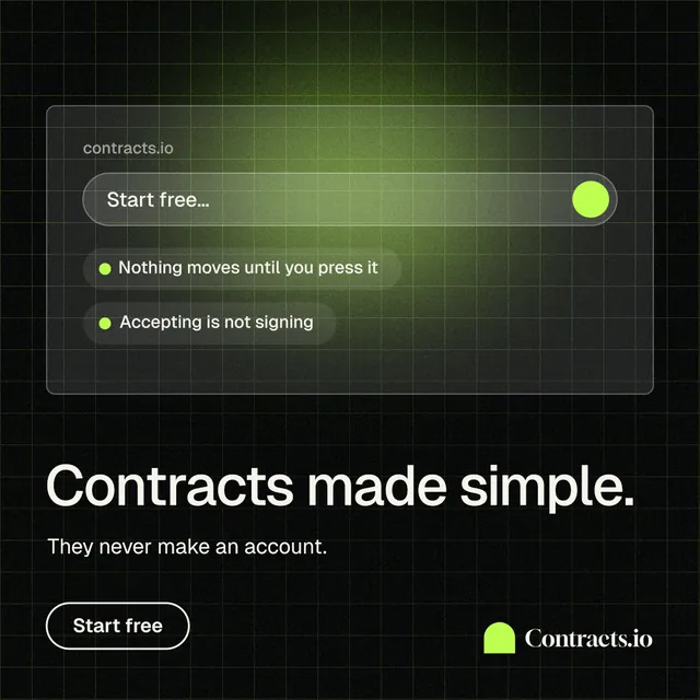 Instagram post for contracts.io: "Contracts made simple." Phosphor atlas style, bottom layout, dark palette in black, grey.