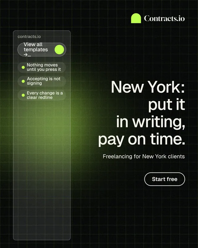 Instagram portrait post for contracts.io: "New York: put it in writing, pay on time." Phosphor atlas style, right layout, dark palette in black, green.