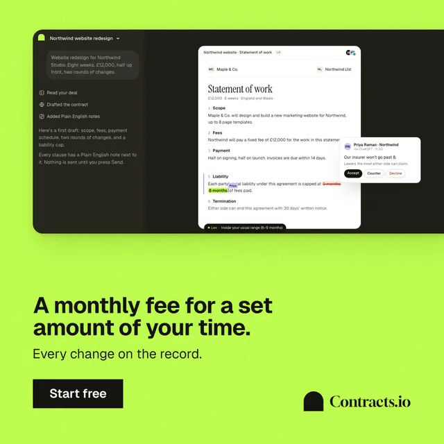 Instagram post for contracts.io: "A monthly fee for a set amount of your time." Swiss style, bottom layout, light palette in green, black.