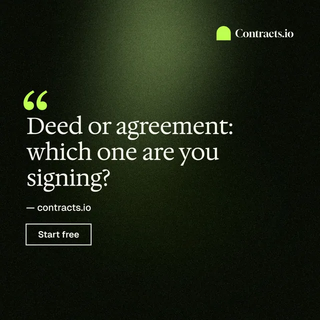 Instagram post for contracts.io: "Deed or agreement: which one are you signing?" Dark deco style, quote layout, dark palette in black, green.