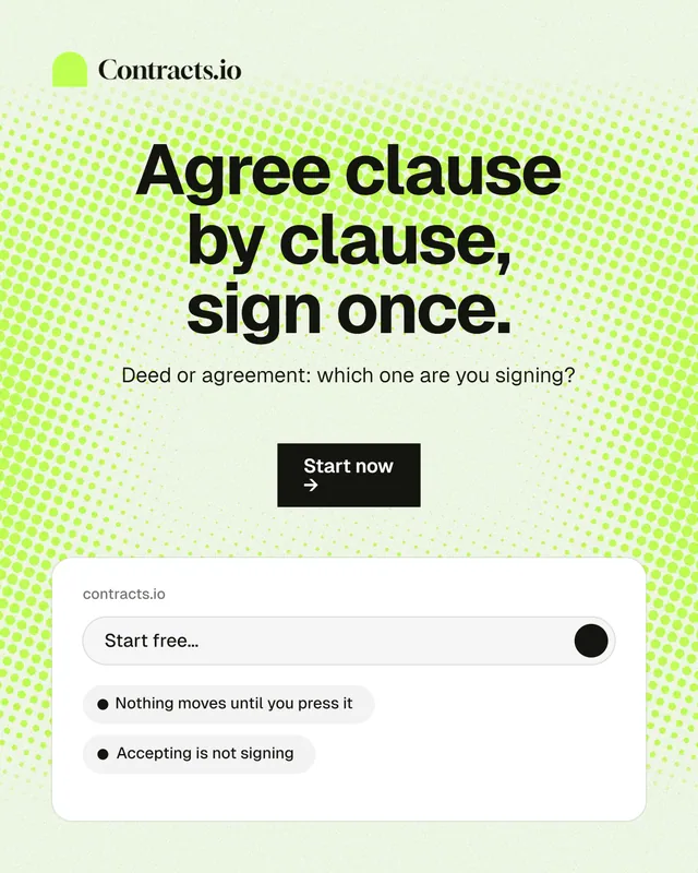 Instagram portrait post for contracts.io: "Agree clause by clause, sign once." Swiss style, centred layout, light palette in white, green, grey.