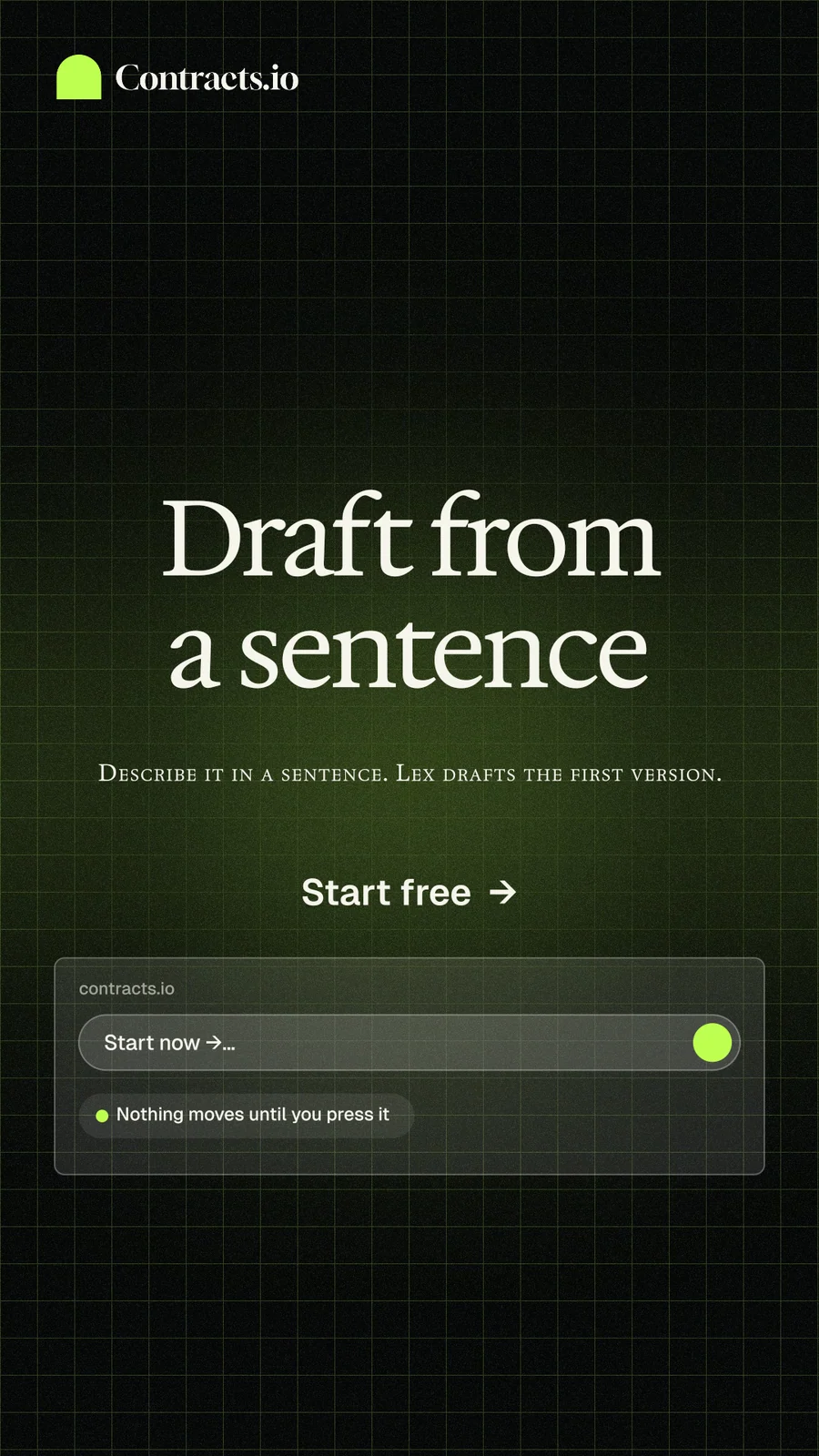 Instagram story for contracts.io: "Draft from a sentence". Phosphor atlas style, smallcaps layout, dark palette in black, grey.
