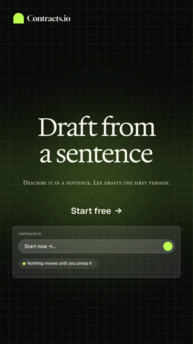 Instagram story for contracts.io: "Draft from a sentence". Phosphor atlas style, smallcaps layout, dark palette in black, grey.