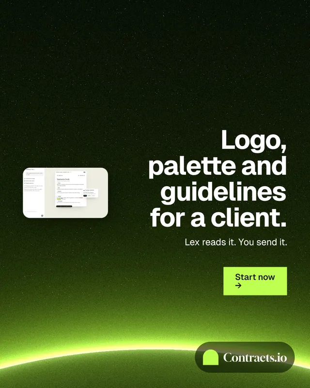 Instagram portrait post for contracts.io: "Logo, palette and guidelines for a client." Swiss style, right layout, dark palette in green, black.