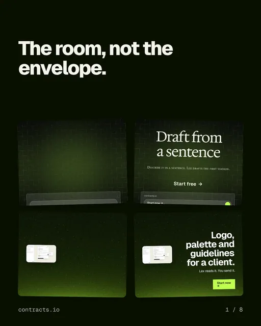 Carousel for contracts.io: "The room, not the envelope.". Collection carousel, 8 slides, dark palette.