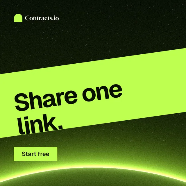 Instagram post for contracts.io: "Share one link." Swiss style, diagonal layout, light palette in green, black.