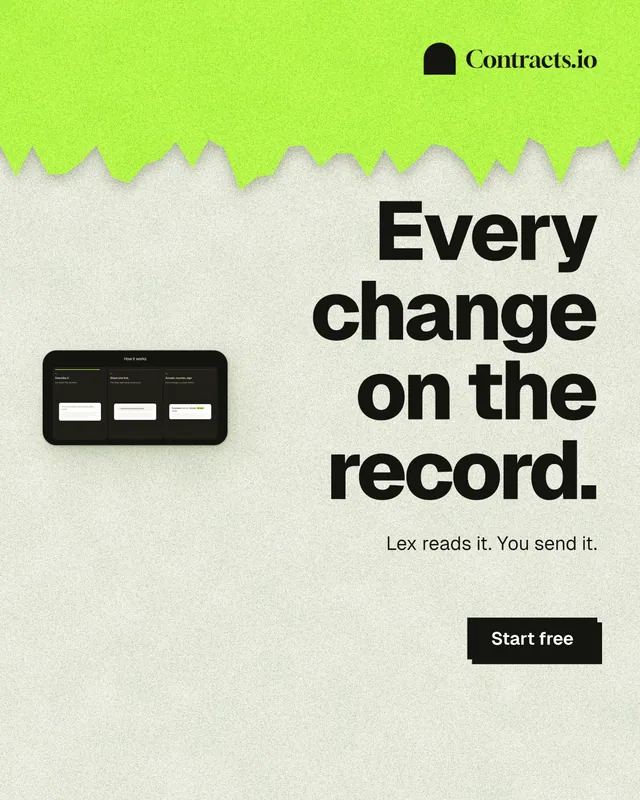 Instagram portrait post for contracts.io: "Every change on the record." Paper trio style, right layout, light palette in green, yellow, grey.