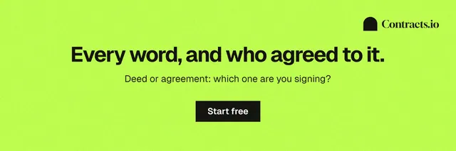 X header for contracts.io: "Every word, and who agreed to it." Swiss style, centred layout, light palette in green.