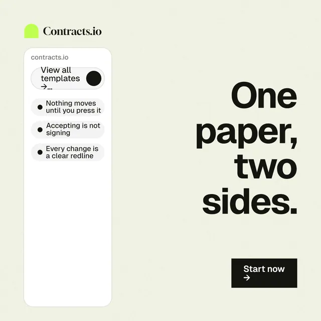 Instagram post for contracts.io: "One paper, two sides." Swiss style, right layout, light palette in white, grey.