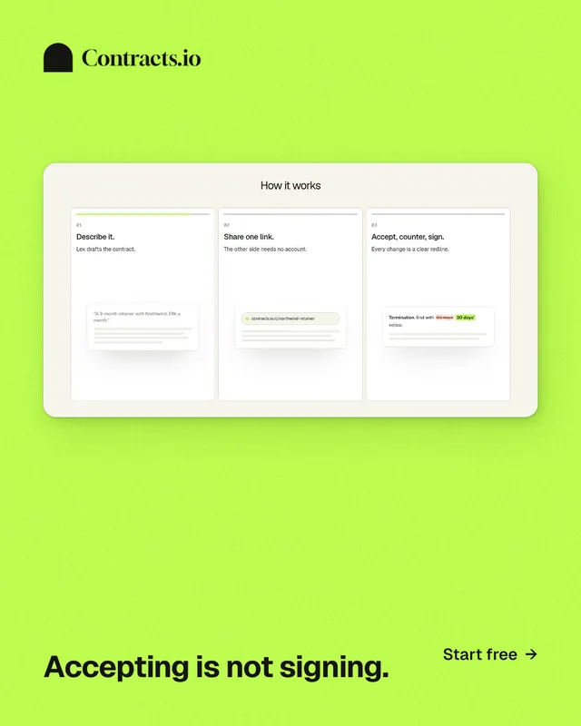 Instagram portrait post for contracts.io: "Accepting is not signing." Swiss style, image led layout, light palette in green, white.