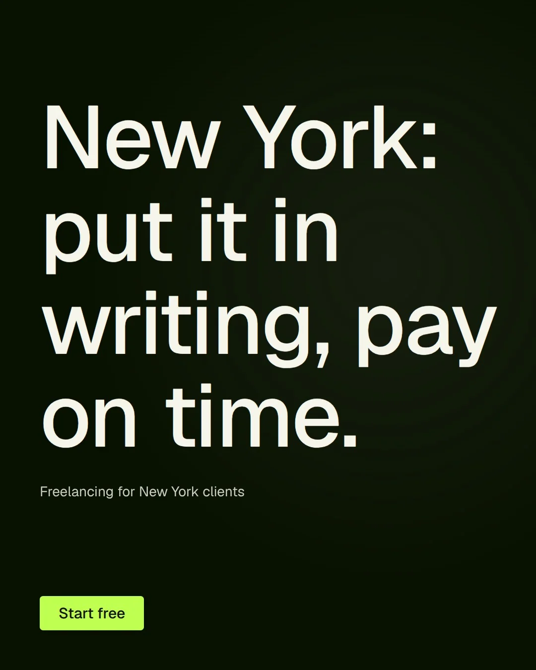 Video for contracts.io: "New York: put it in writing, pay on time.". Kinetic type grid, 6.0 s, dark palette.