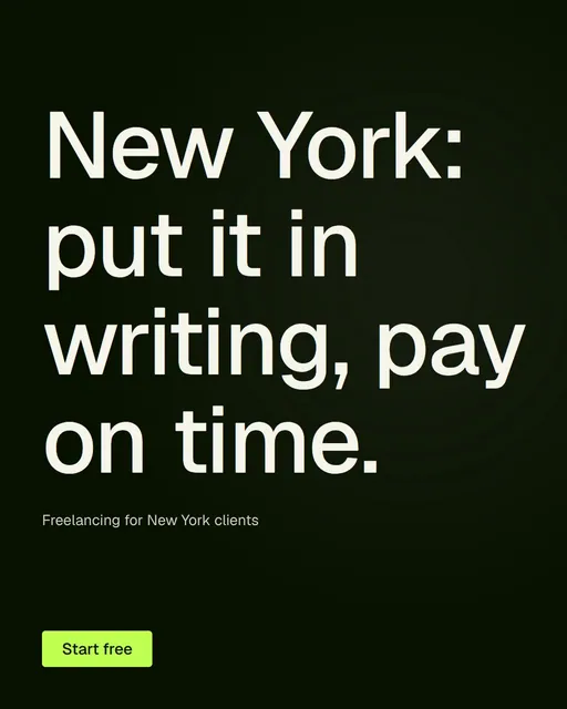 Video for contracts.io: "New York: put it in writing, pay on time.". Kinetic type grid, 6.0 s, dark palette.