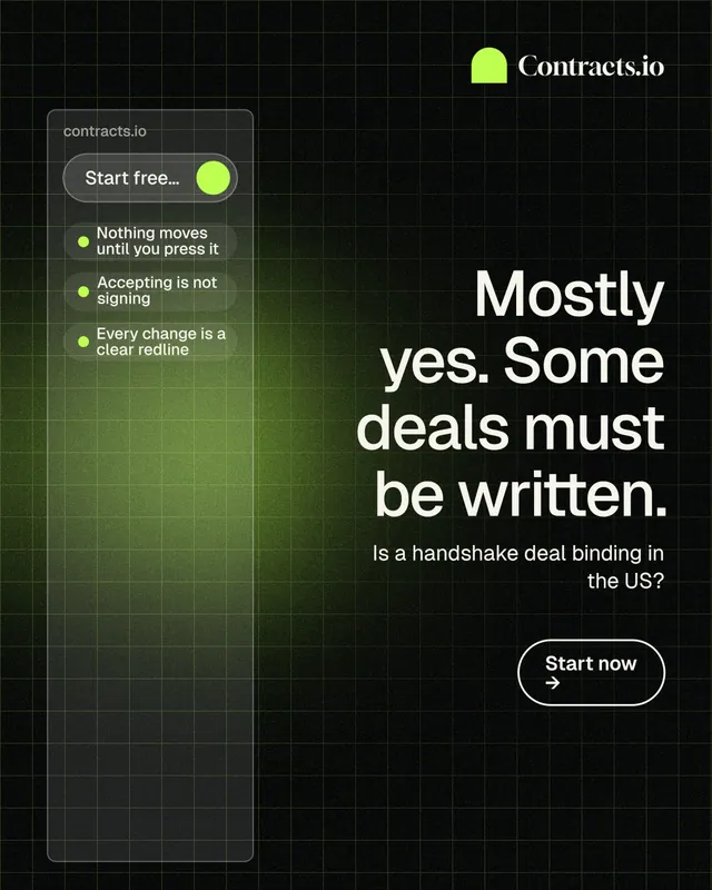 Instagram portrait post for contracts.io: "Mostly yes. Some deals must be written." Phosphor atlas style, right layout, dark palette in black, green.