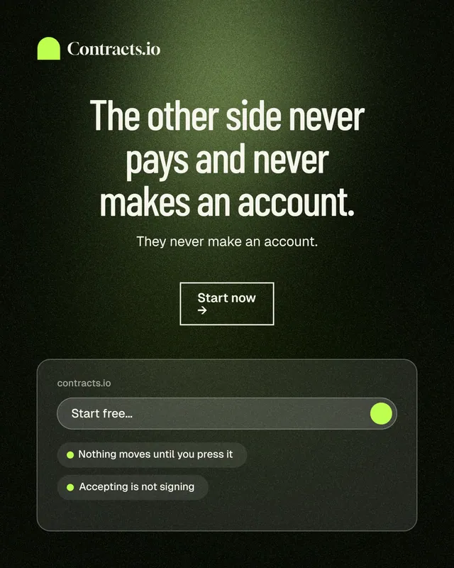 Instagram portrait post for contracts.io: "The other side never pays and never makes an account." Dark deco style, centred layout, dark palette in black, green, grey.