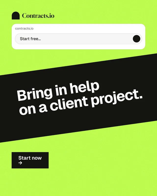 Instagram portrait post for contracts.io: "Bring in help on a client project." Swiss style, diagonal layout, light palette in green, black, grey.
