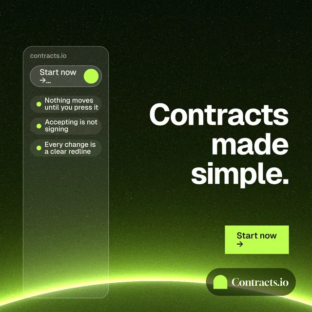 Instagram post for contracts.io: "Contracts made simple." Swiss style, right layout, dark palette in black, green.
