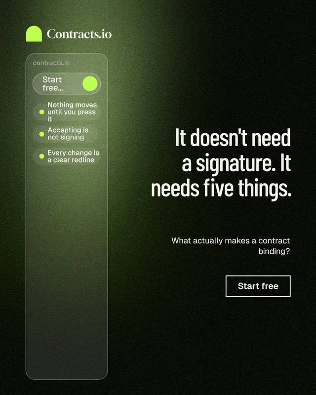 Instagram portrait post for contracts.io: "It doesn't need a signature. It needs five things." Dark deco style, right layout, dark palette in black, green.