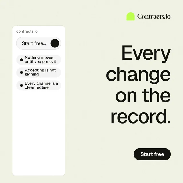 Instagram post for contracts.io: "Every change on the record." Data card style, right layout, light palette in white, grey.