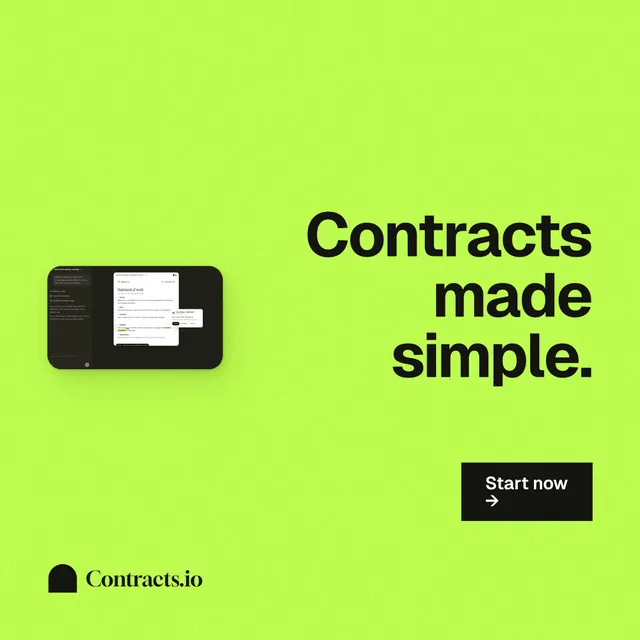 Instagram post for contracts.io: "Contracts made simple." Swiss style, right layout, light palette in green.