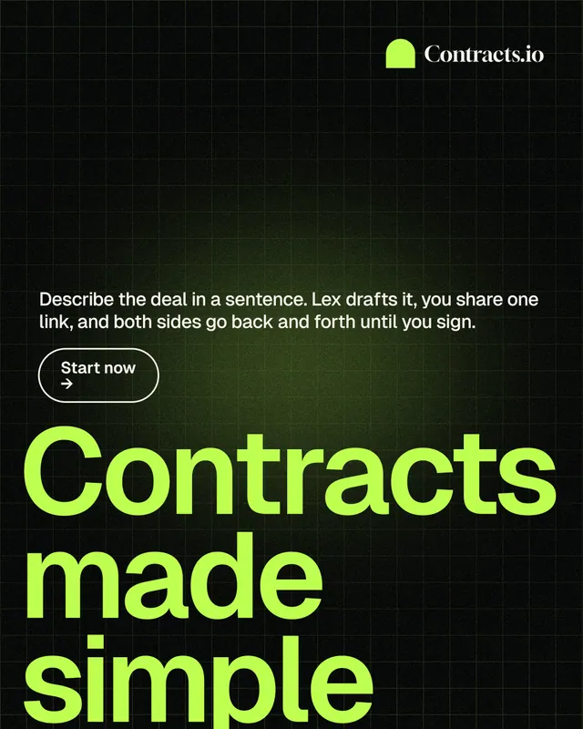 Instagram portrait post for contracts.io: "Contracts made simple." Phosphor atlas style, oversized layout, dark palette in black, green.