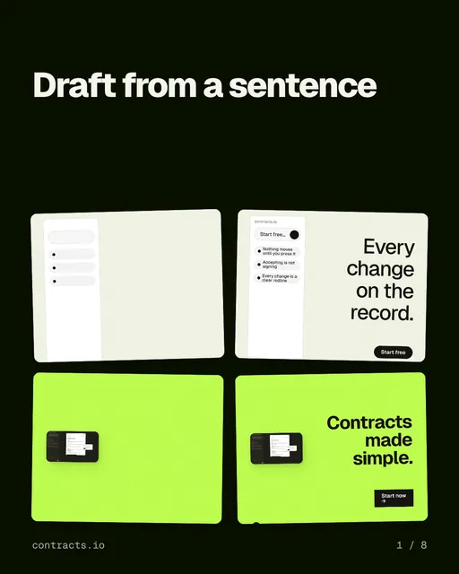 Carousel for contracts.io: "Draft from a sentence". Collection carousel, 8 slides, dark palette.