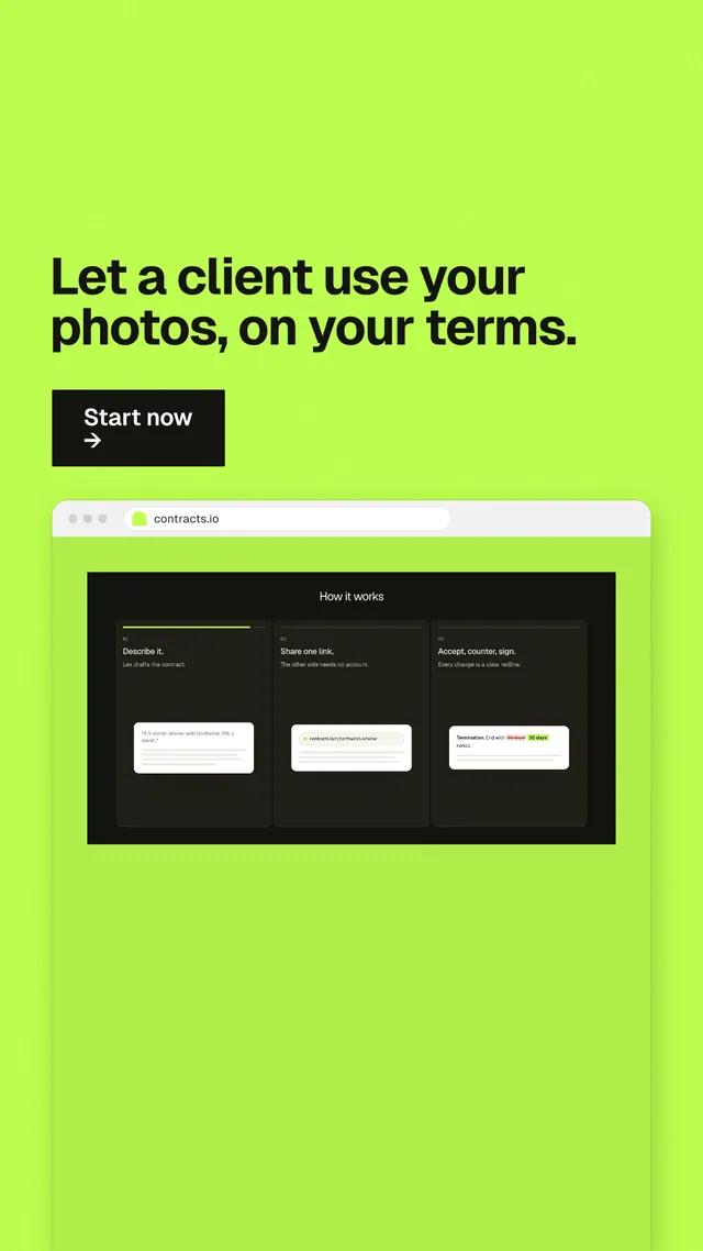 Instagram story for contracts.io: "Let a client use your photos, on your terms." Swiss style, browser layout, light palette in green.