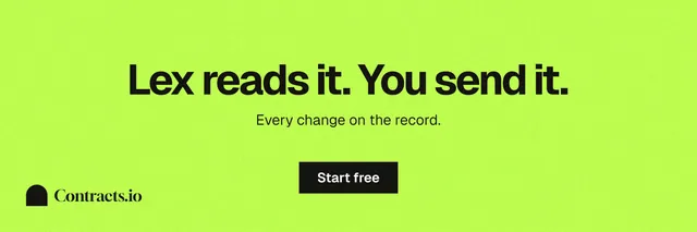 X header for contracts.io: "Lex reads it. You send it." Swiss style, centred layout, light palette in green.