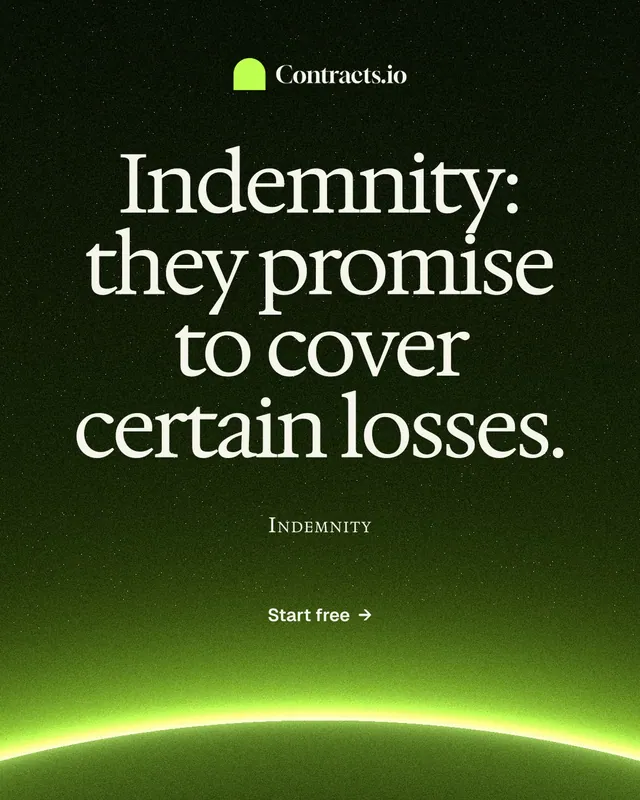 Instagram portrait post for contracts.io: "Indemnity: they promise to cover certain losses." Swiss style, smallcaps layout, dark palette in black, green.