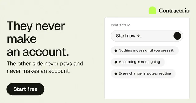 Social ad for contracts.io: "They never make an account." Data card style, bottom layout, light palette in yellow, white, green.
