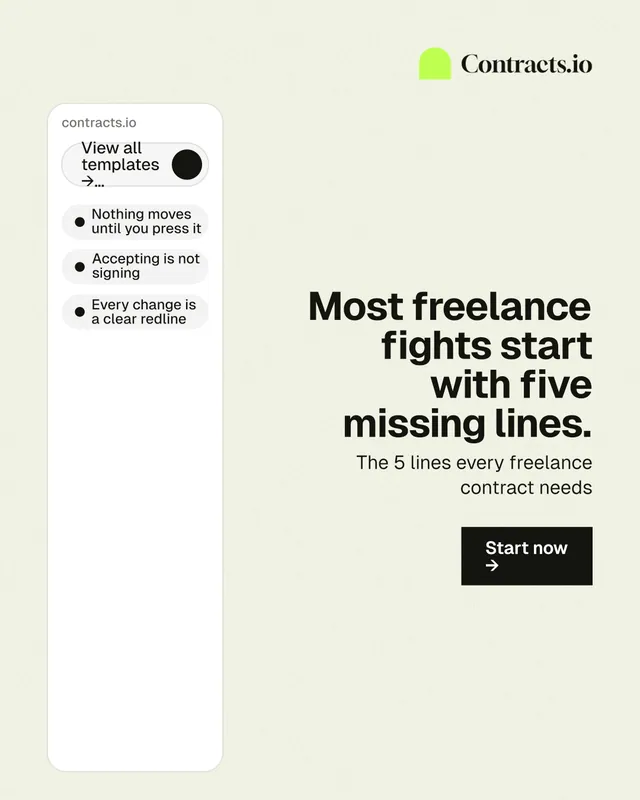 Instagram portrait post for contracts.io: "Most freelance fights start with five missing lines." Swiss style, right layout, light palette in white, grey.
