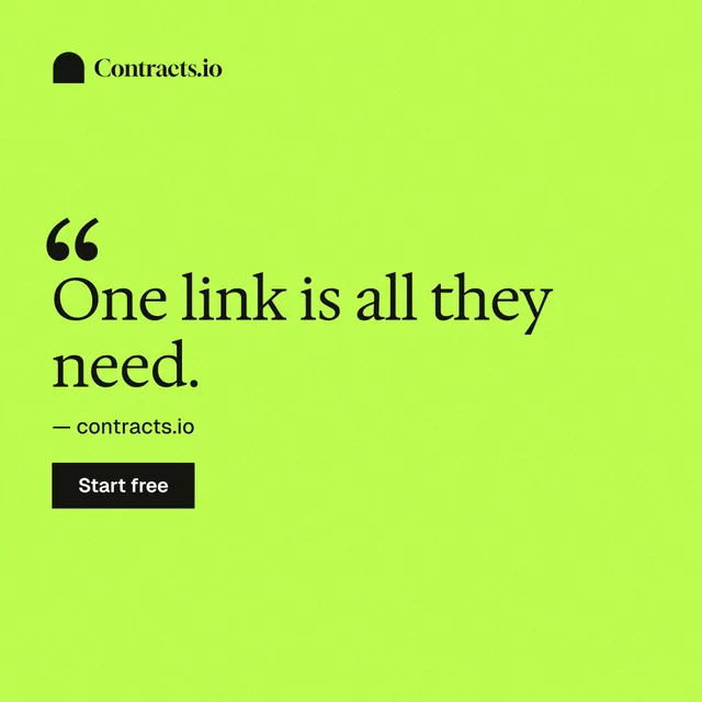 Instagram post for contracts.io: "One link is all they need." Swiss style, quote layout, light palette in green.