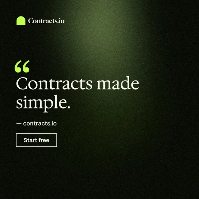 Instagram post for contracts.io: "Contracts made simple." Dark deco style, quote layout, dark palette in black, green.