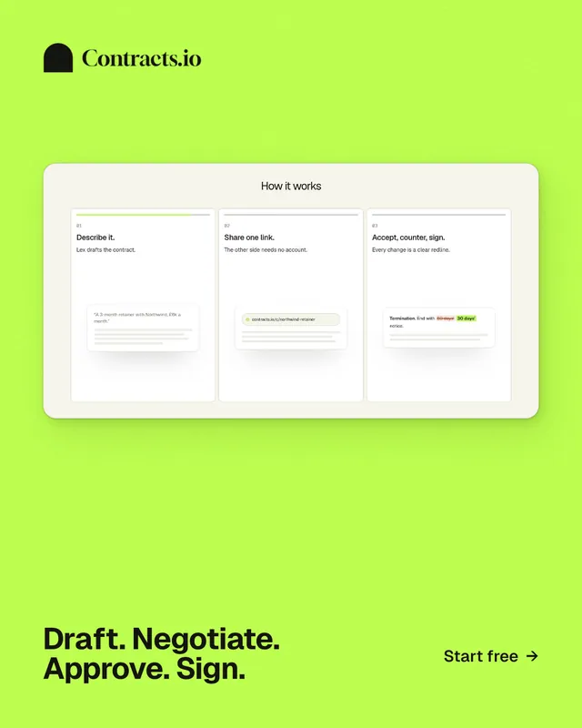 Instagram portrait post for contracts.io: "Draft. Negotiate. Approve. Sign." Swiss style, image led layout, light palette in green, white.