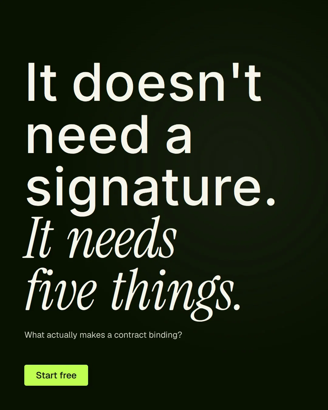 Video for contracts.io: "It doesn't need a signature. It needs five things.". Doc motion loop, 6.0 s, dark palette.