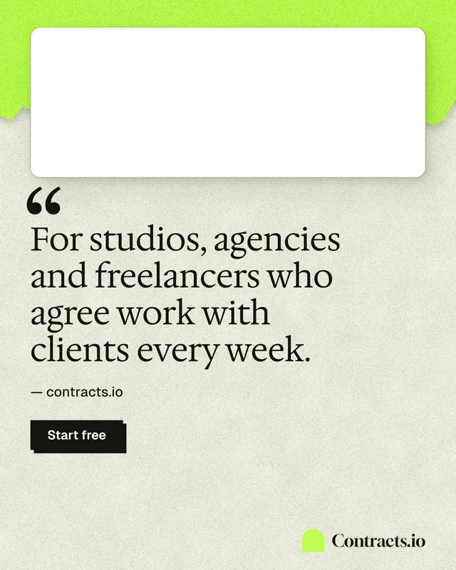 Instagram portrait post for contracts.io: "For studios, agencies and freelancers who agree work with clients every week." Paper trio style, quote layout, light palette in green, white, grey.