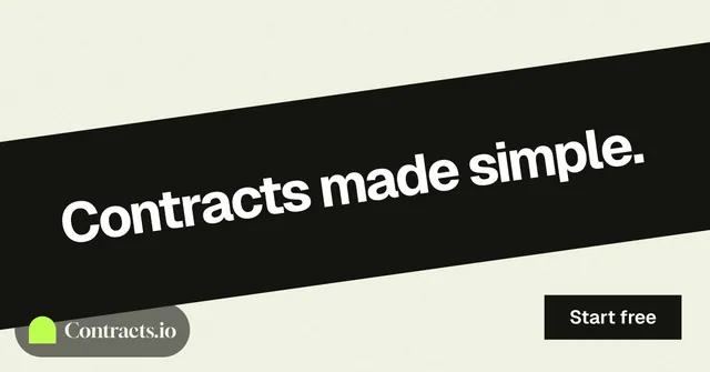 Social ad for contracts.io: "Contracts made simple." Swiss style, diagonal layout, light palette in white, black, grey.
