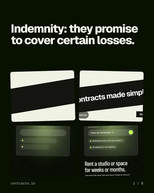 Carousel for contracts.io: "Indemnity: they promise to cover certain losses.". Collection carousel, 8 slides, dark palette.