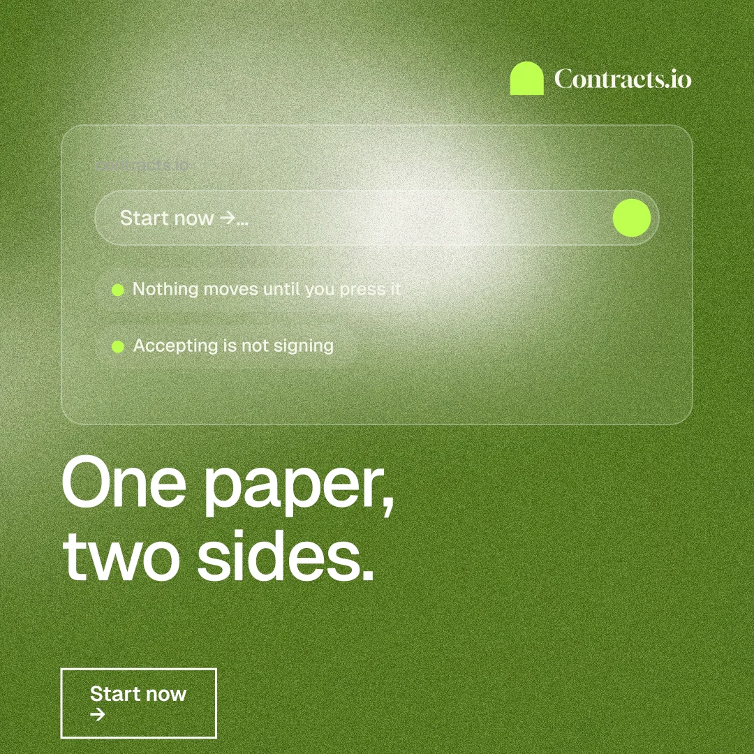 Instagram post for contracts.io: "One paper, two sides." Cyanotype style, bottom layout, light palette in green.