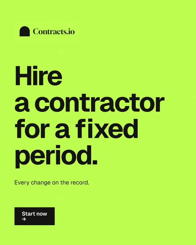Instagram portrait post for contracts.io: "Hire a contractor for a fixed period." Swiss style, announce layout, light palette in green.